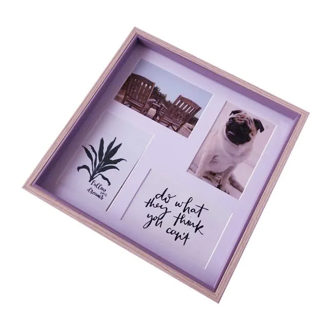 A square purple photo frame featuring a collage of images, including a pug, chairs, a plant illustration, and motivational quote text.