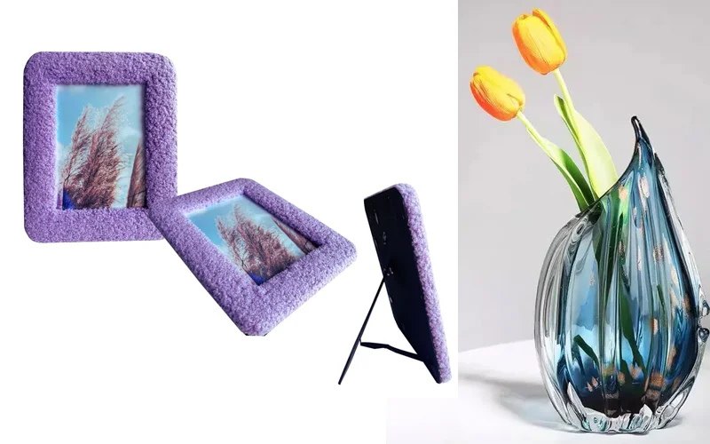Two purple textured photo frames with tree images and a decorative glass vase holding yellow tulips on a white background.