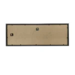 Back view of a rectangular photo frame with a wooden backing board, mounting hooks, and a black frame.