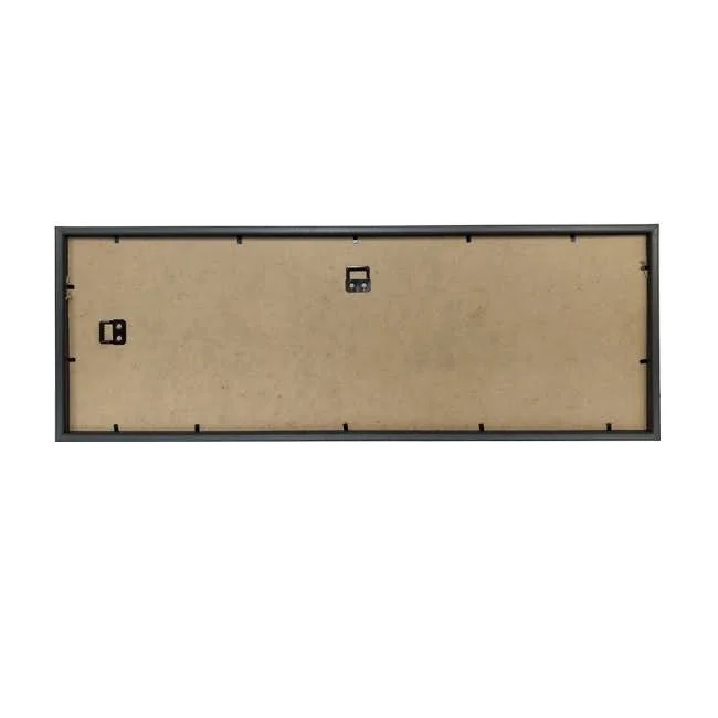 Back view of a rectangular photo frame with a wooden backing board, mounting hooks, and a black frame.