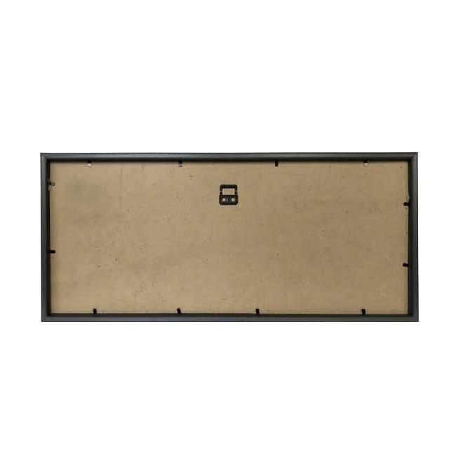 Back view of a rectangular photo frame with a black border, MDF backing, and a hanging bracket in the center.