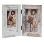 Rustic double photo frame with a distressed wood finish, displaying two vintage-style photos of a child holding flowers, suitable for 10x15 cm pictures.