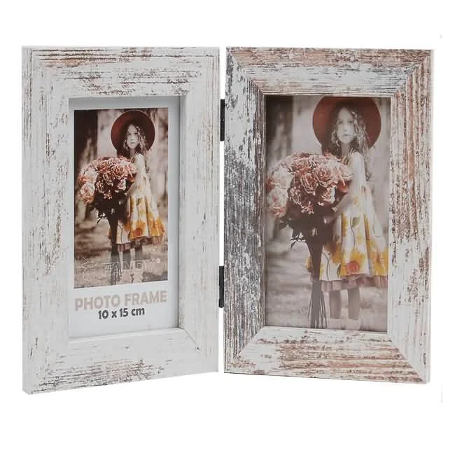 Rustic double photo frame with a distressed wood finish, displaying two vintage-style photos of a child holding flowers, suitable for 10x15 cm pictures.