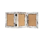 Three-panel trifold photo frame featuring a distressed white wood finish and hinged design, suitable for 3 photos.