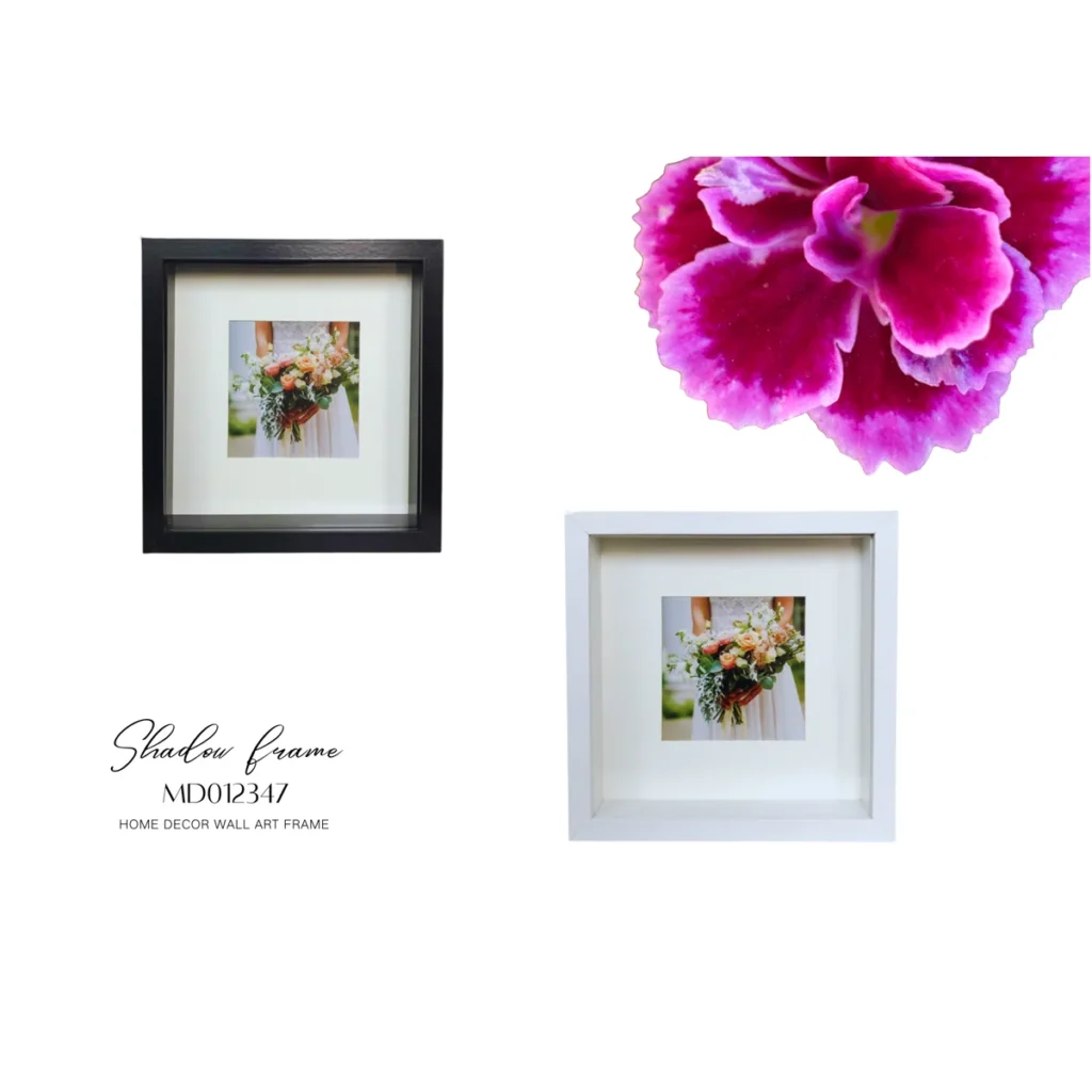 Black and white shadow box photo frames displaying a floral bouquet image, accompanied by a vibrant pink flower design.