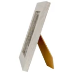 Side view of a white wooden photo frame with a textured finish, showing a sturdy MDF stand for tabletop display.