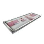 A silver collage photo frame featuring multiple photos clipped onto strings inside a rectangular frame for display.