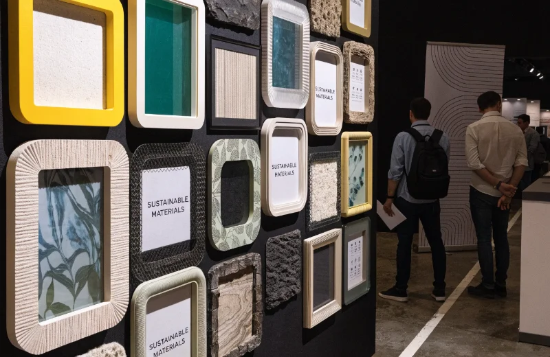 A display wall at a trade fair showing frames with new textures and sustainable materials.