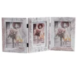 Trifold photo frame with a distressed white wooden finish, featuring three panels with vintage-style photo inserts.