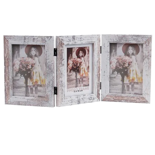 Trifold photo frame with a distressed white wooden finish, featuring three panels with vintage-style photo inserts.
