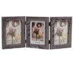 Triple-fold wooden photo frame with hinged panels in dark wood grain finish, displaying three 13x18 cm photos of a girl holding flowers.