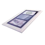 Angled view of a sleek white collage photo frame featuring three photos with a modern, minimalist design.