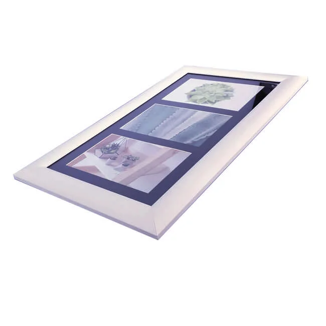 Angled view of a sleek white collage photo frame featuring three photos with a modern, minimalist design.