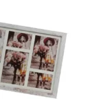A rustic white collage photo frame featuring multiple sections displaying a girl holding a bouquet of flowers.
