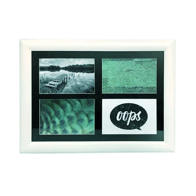 White photo frame featuring four slots with diverse images, including nature, abstract textures, and a comic-style text design.