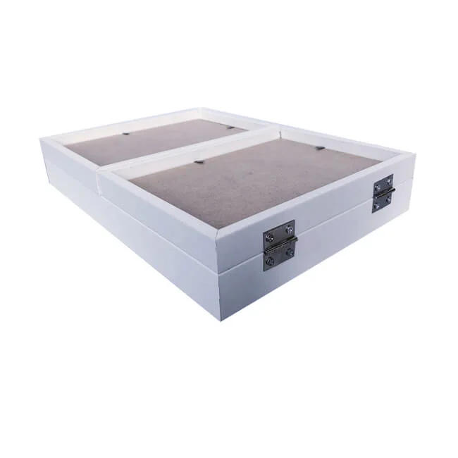 Back view of a white double photo frame with visible hinges and a smooth surface, suitable for tabletop or wall display.