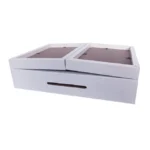 White dual photo frame designed as a hinged lid atop a storage box, combining functionality with decorative appeal.