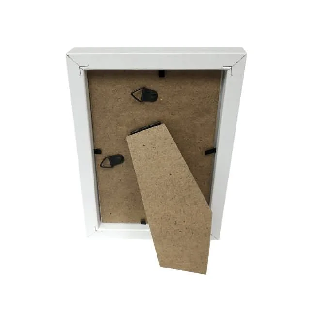 Rear view of a white photo frame with a removable back panel, metal clips, and an easel stand for tabletop display.