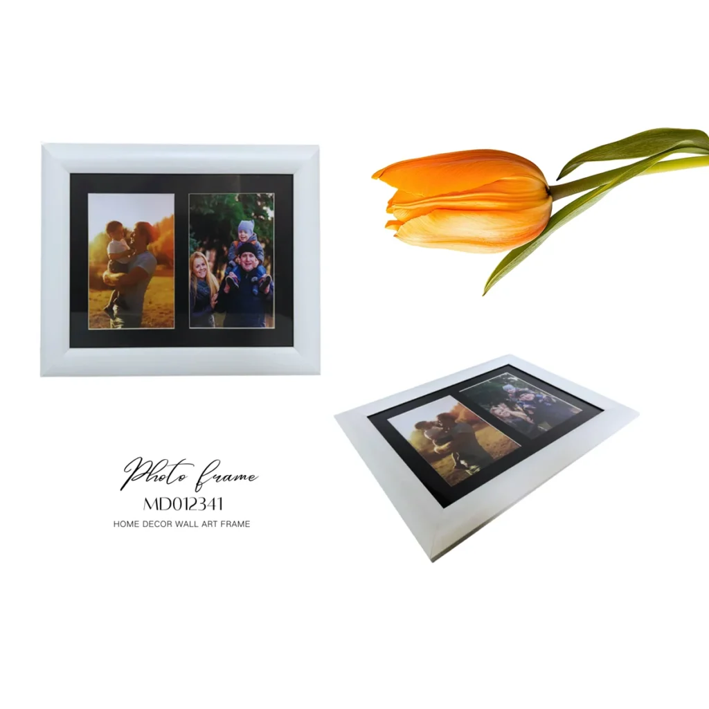 Modern white photo frame with dual photo slots and a stylish black border, paired with a vibrant orange tulip for decor.