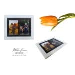 Modern white photo frame with dual photo slots and a stylish black border, paired with a vibrant orange tulip for decor.