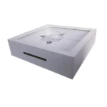 A white shadow box-style photo frame with a glass-enclosed display and an illustration of a unicorn on the front.