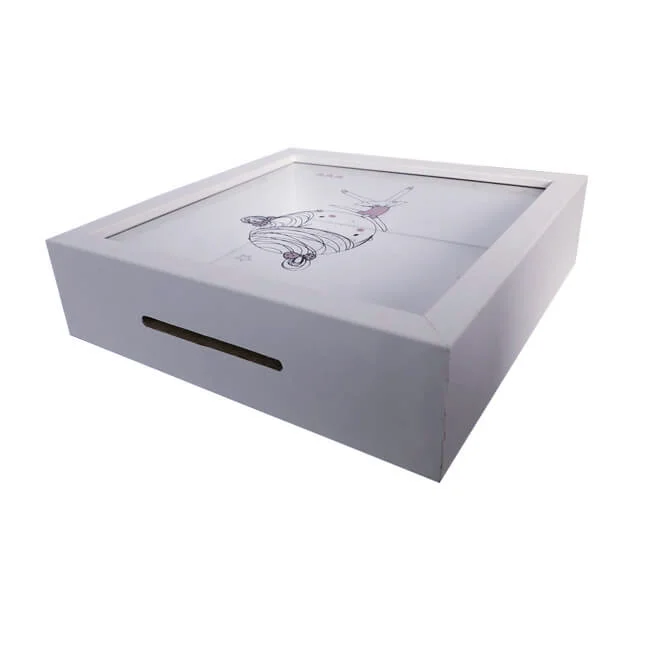 A white shadow box-style photo frame with a glass-enclosed display and an illustration of a unicorn on the front.