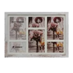 White multi-photo frame with a rustic wooden design, holding seven image slots showcasing floral and portrait photos.