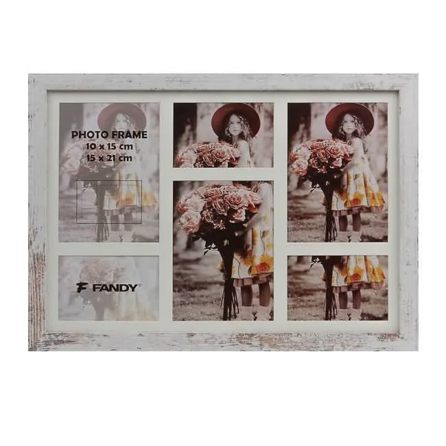 White multi-photo frame with a rustic wooden design, holding seven image slots showcasing floral and portrait photos.
