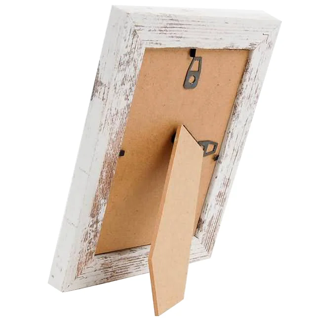 Back view of a rustic white wooden photo frame featuring an easel stand and metal hangers for versatile display options.