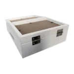 A white wooden photo frame box with dual panels, metal hinges, and an elegant design for storing and displaying photos.
