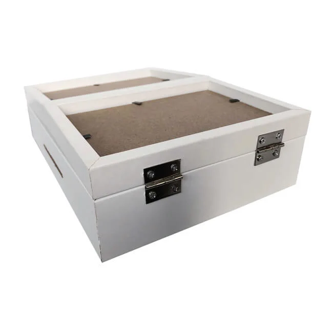 A white wooden photo frame box with dual panels, metal hinges, and an elegant design for storing and displaying photos.