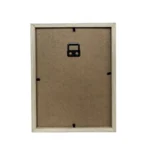Rear view of a photo frame with a brown MDF back panel, a black wall hanger, and secure clips for photo insertion.