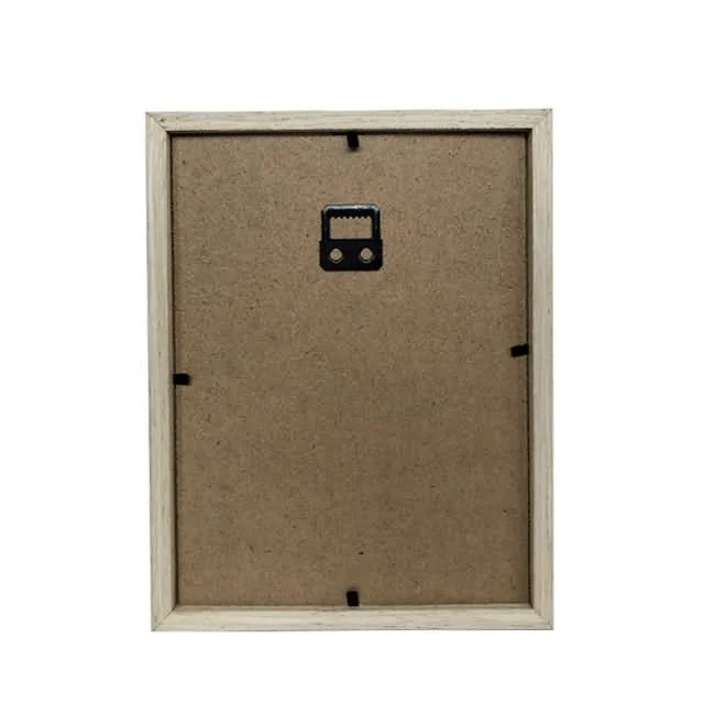 Rear view of a photo frame with a brown MDF back panel, a black wall hanger, and secure clips for photo insertion.