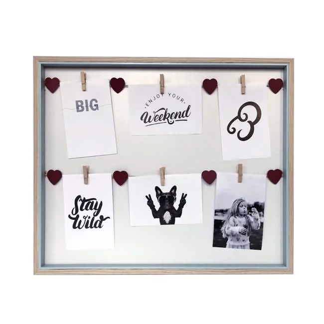 Wooden frame with six photo and card slots featuring heart-shaped accents, clip attachments, and a variety of prints.
