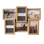 Wooden collage photo frame with six slots displaying various photos including landscapes, a dog, and text reading 'Enjoy Life' and 'Have Fun'.