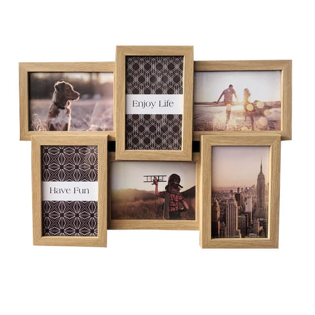 Wooden collage photo frame with six slots displaying various photos including landscapes, a dog, and text reading 'Enjoy Life' and 'Have Fun'.