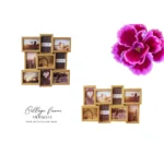Collage photo frame with wooden design showcasing multiple pictures and decorative patterns, accompanied by pink flower illustration.