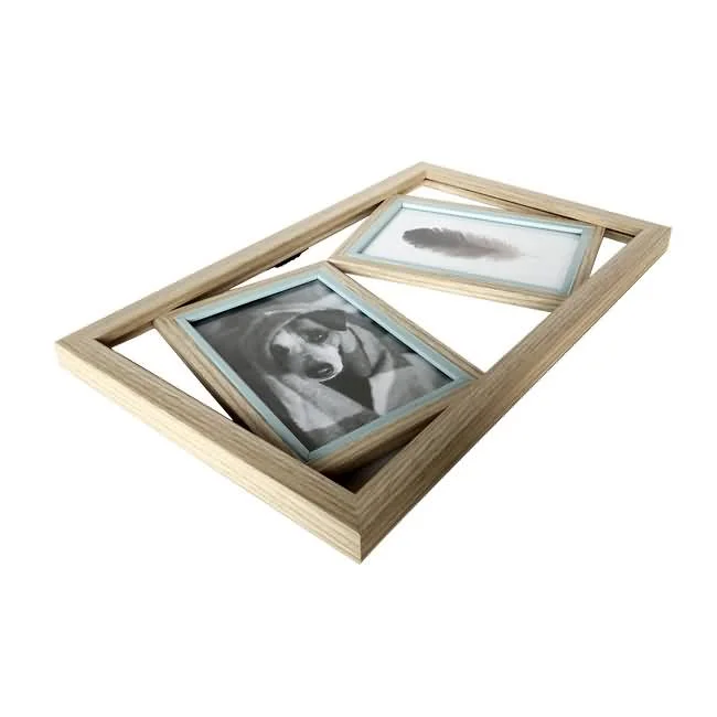 A wooden multi-photo collage frame with spaces for two photos, featuring an image of a dog and a feather. Sleek and modern design.