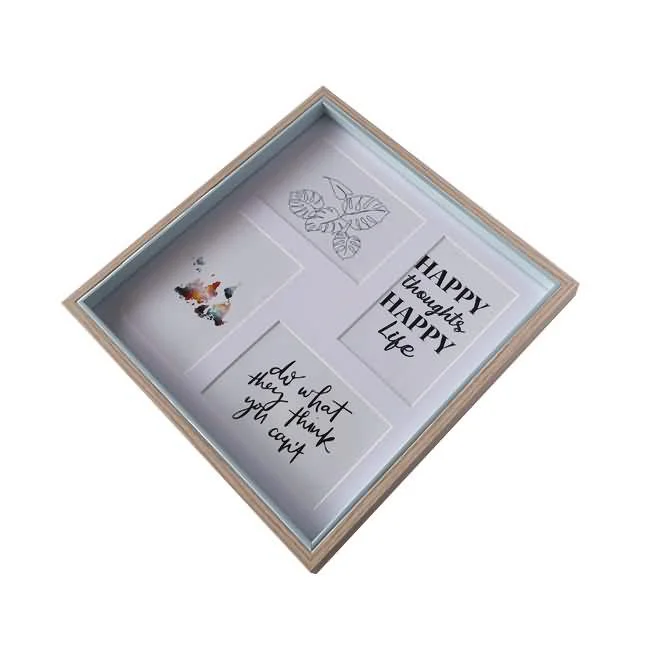A wooden collage photo frame with four compartments featuring inspiring quotes and decorative artwork.