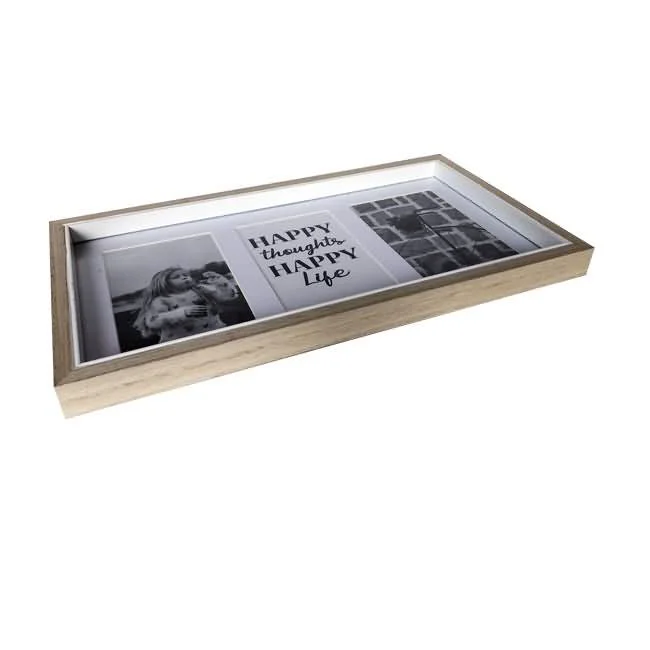 Rectangular wooden collage photo frame with three sections displaying a family portrait, an inspirational quote, and a mosaic design.