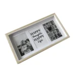 Rectangular wooden collage photo frame with three sections featuring black and white photos and a typography print reading 'Happy thoughts, happy life'.