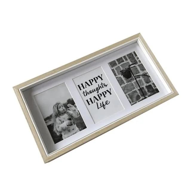 Rectangular wooden collage photo frame with three sections featuring black and white photos and a typography print reading 'Happy thoughts, happy life'.