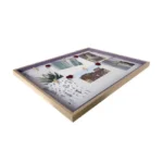 Angled view of a wooden collage photo frame featuring mini clips holding artwork and photographs against a clean background.