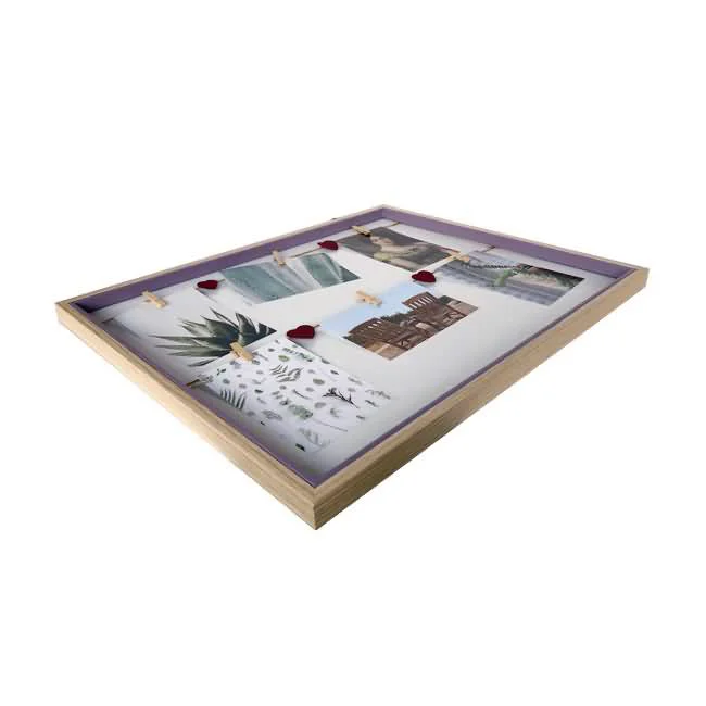 Angled view of a wooden collage photo frame featuring mini clips holding artwork and photographs against a clean background.