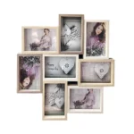 A wooden collage photo frame featuring multiple sections with pictures of a woman and decorative elements, ideal for home decor.