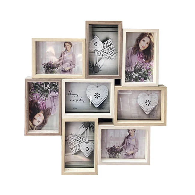 A wooden collage photo frame featuring multiple sections with pictures of a woman and decorative elements, ideal for home decor.