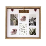 Wooden collage photo frame featuring six photo slots, a 'Home' sign, and two heart ornaments. Perfect for home decor.