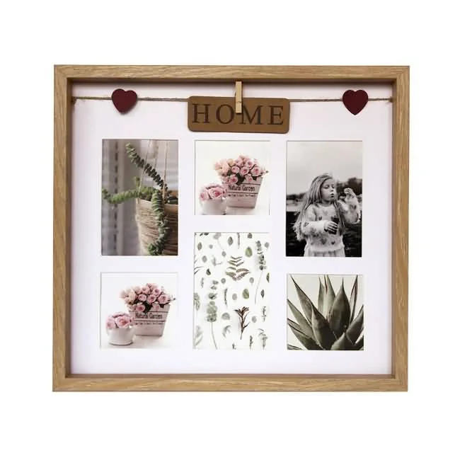 Wooden collage photo frame featuring six photo slots, a 'Home' sign, and two heart ornaments. Perfect for home decor.