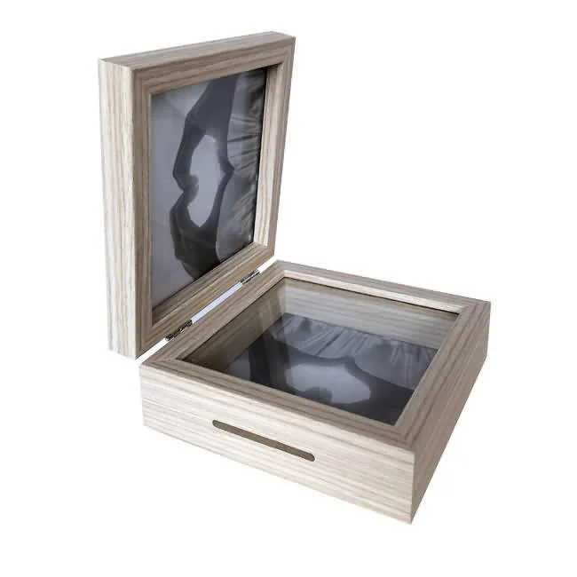 Open wooden display box with a transparent glass lid, light wood finish, and a cut-out slot on the front.