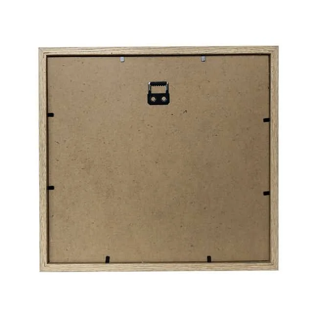Back panel of a square wooden photo frame featuring a sturdy MDF board, hanging hardware, and secure tabs.